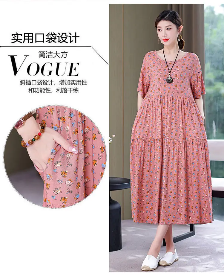 Women Mid-Length Cotton Silk Summer Dress Large Size — feature 18