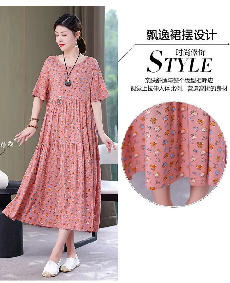 Women Mid-Length Cotton Silk Summer Dress Large Size — feature 19