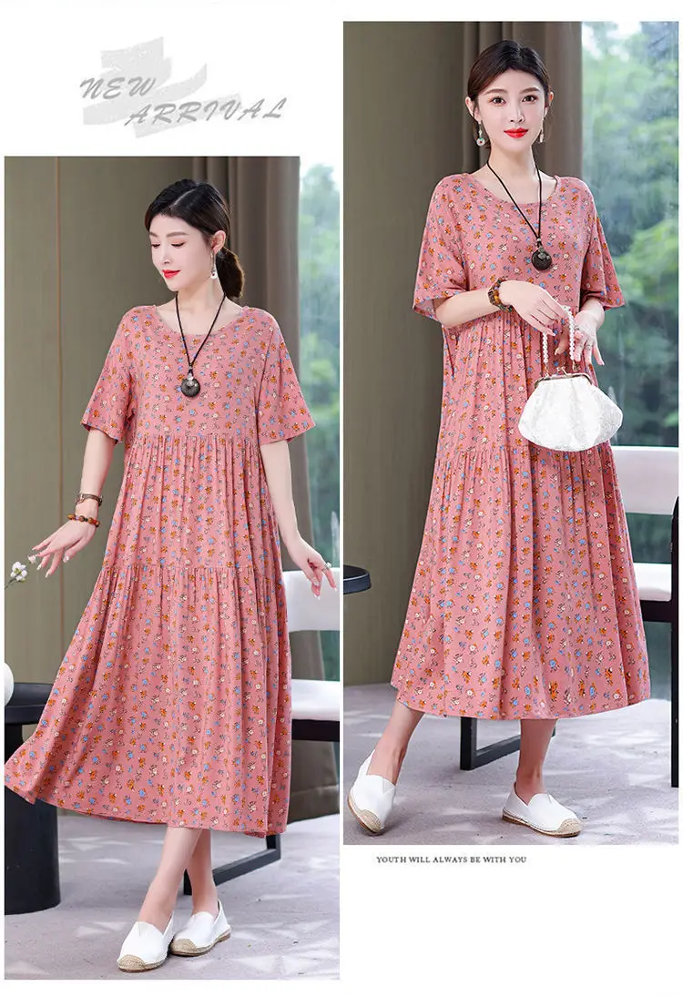 Women Mid-Length Cotton Silk Summer Dress Large Size — feature 24