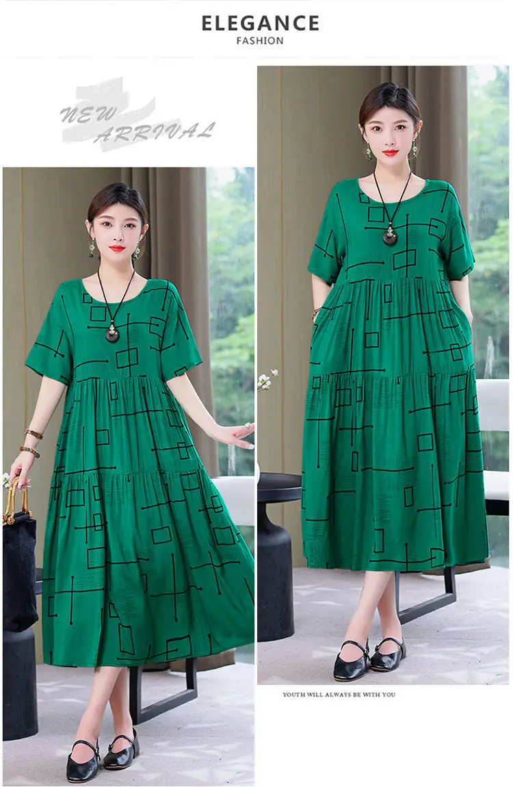 Women Mid-Length Cotton Silk Summer Dress Large Size — feature 26