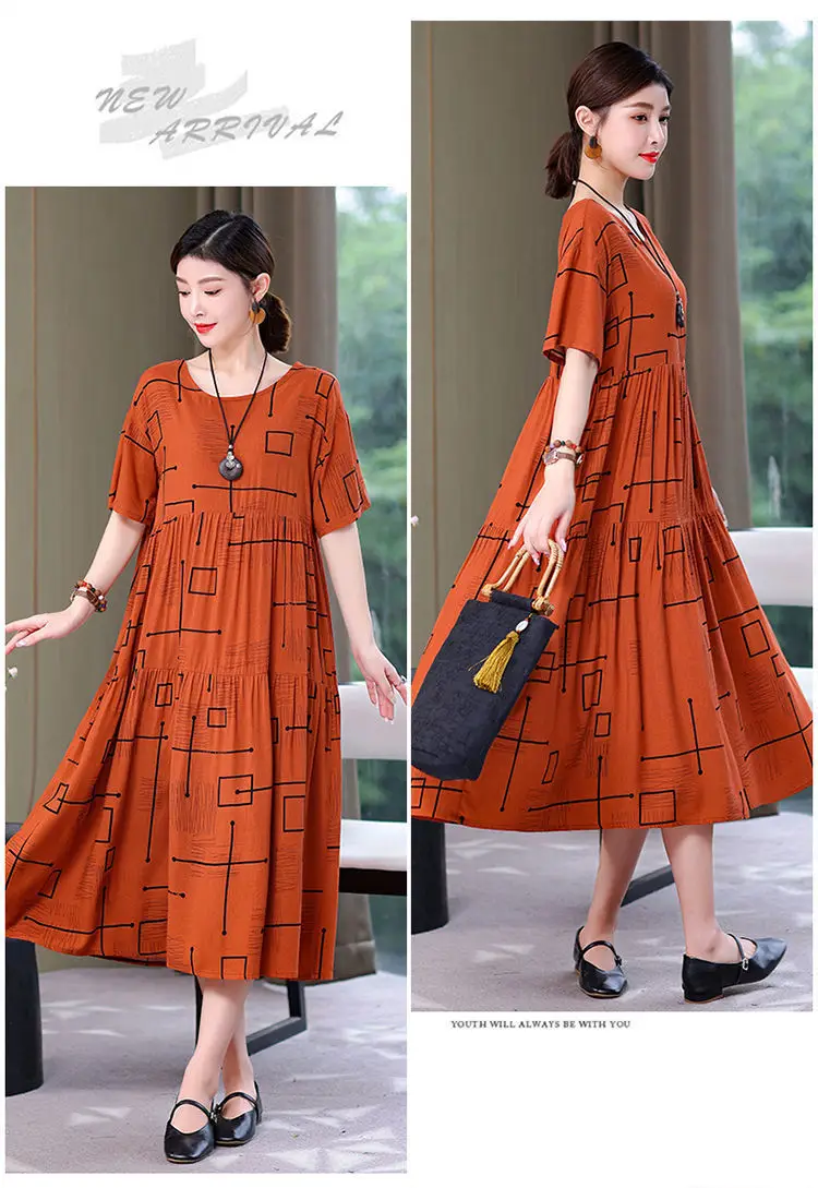 Women Mid-Length Cotton Silk Summer Dress Large Size — feature 27