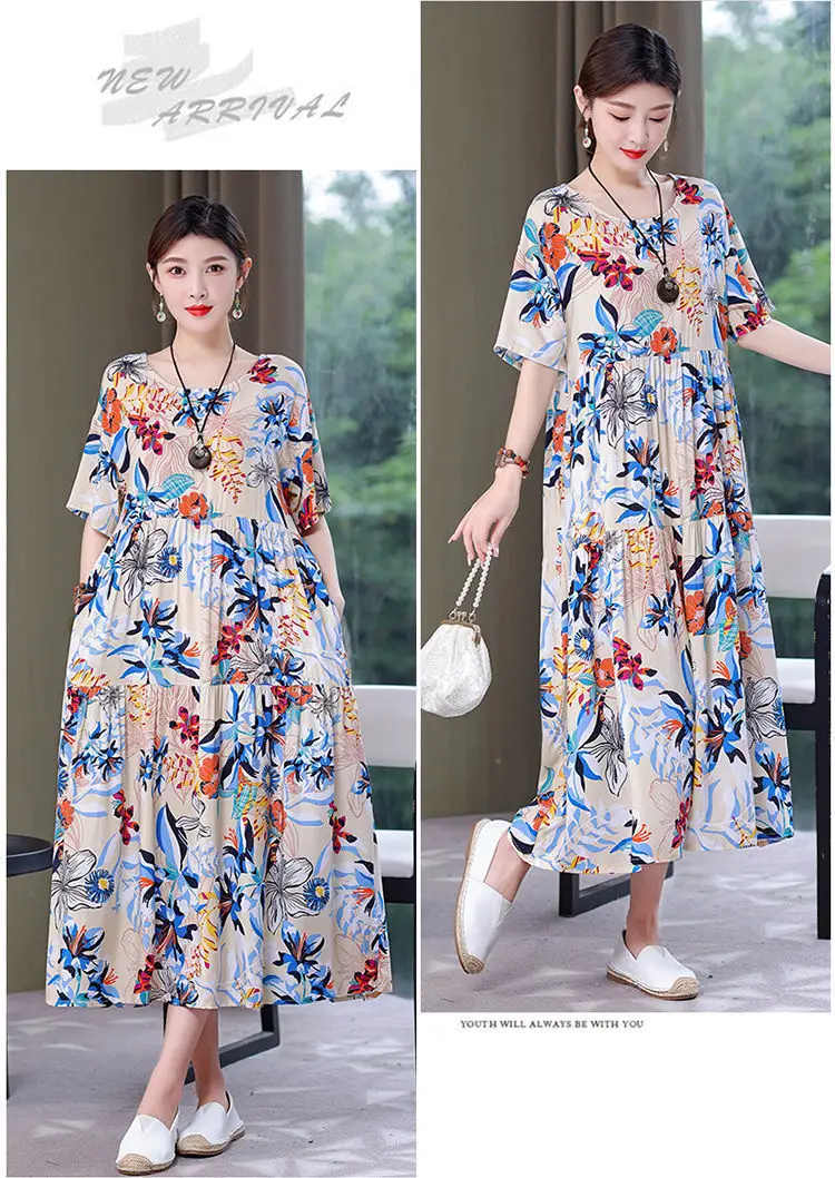 Women Mid-Length Cotton Silk Summer Dress Large Size — feature 28