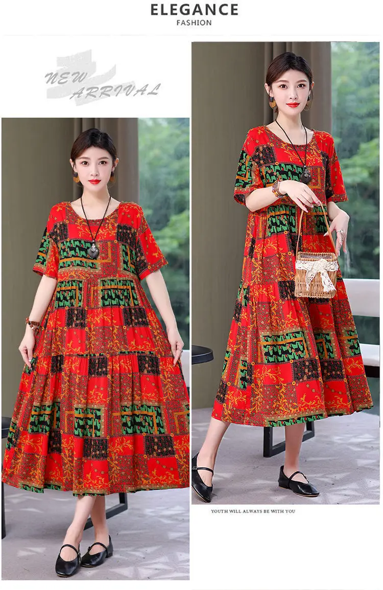 Women Mid-Length Cotton Silk Summer Dress Large Size — feature 32