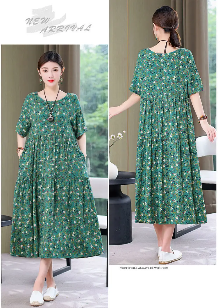 Women Mid-Length Cotton Silk Summer Dress Large Size — feature 33