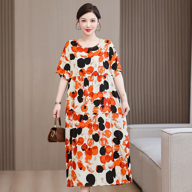 Women Mid-Length Cotton Silk Summer Dress Large Size - Image 11