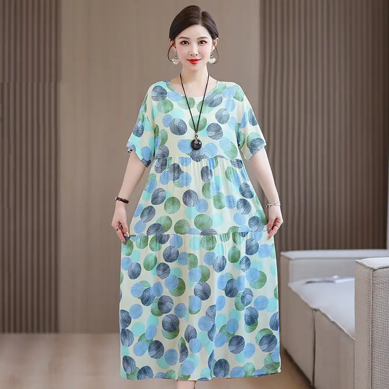 Women Mid-Length Cotton Silk Summer Dress Large Size - Image 12