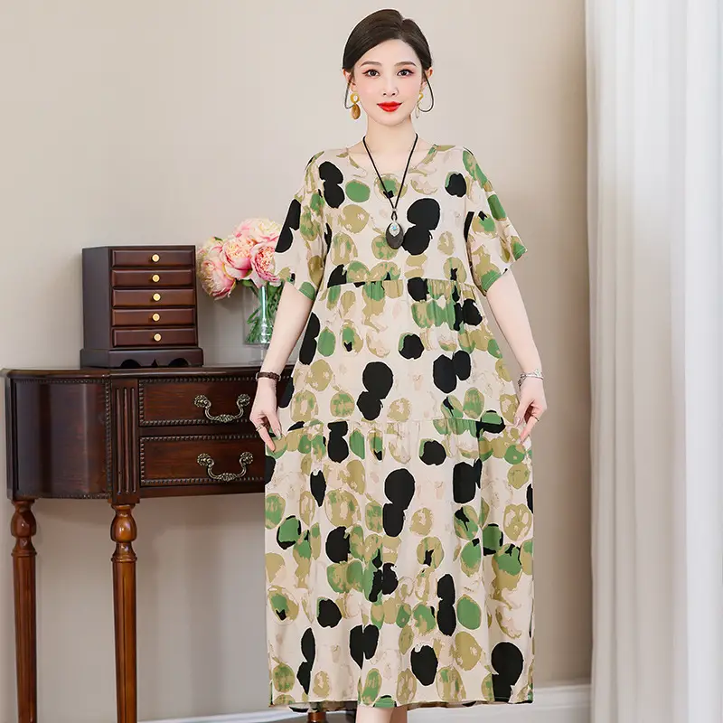 Women Mid-Length Cotton Silk Summer Dress Large Size - Image 13