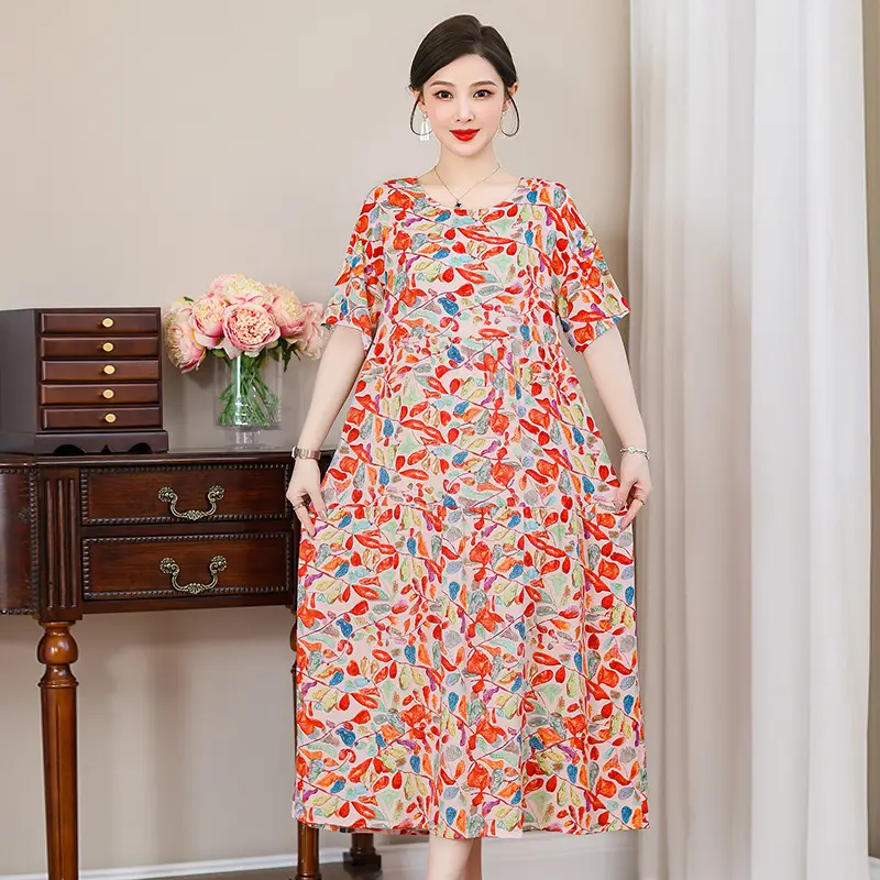 Women Mid-Length Cotton Silk Summer Dress Large Size - Image 14