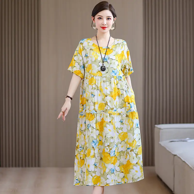 Women Mid-Length Cotton Silk Summer Dress Large Size - Image 15
