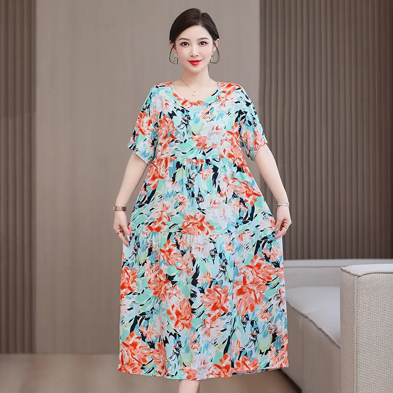 Women Mid-Length Cotton Silk Summer Dress Large Size - Image 18