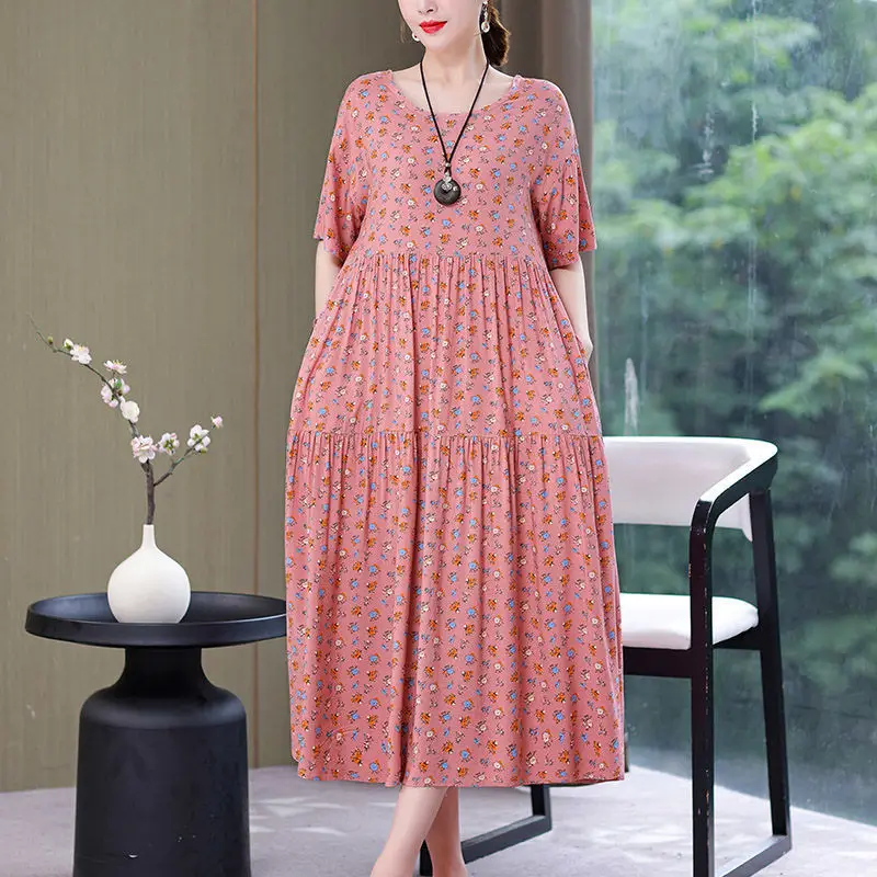 Women Mid-Length Cotton Silk Summer Dress Large Size - Image 2