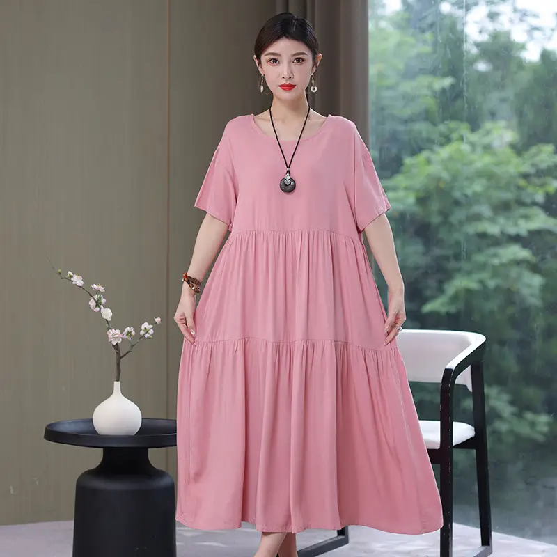 Women Mid-Length Cotton Silk Summer Dress Large Size - Image 21