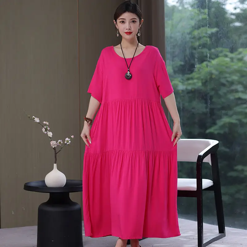 Women Mid-Length Cotton Silk Summer Dress Large Size - Image 24