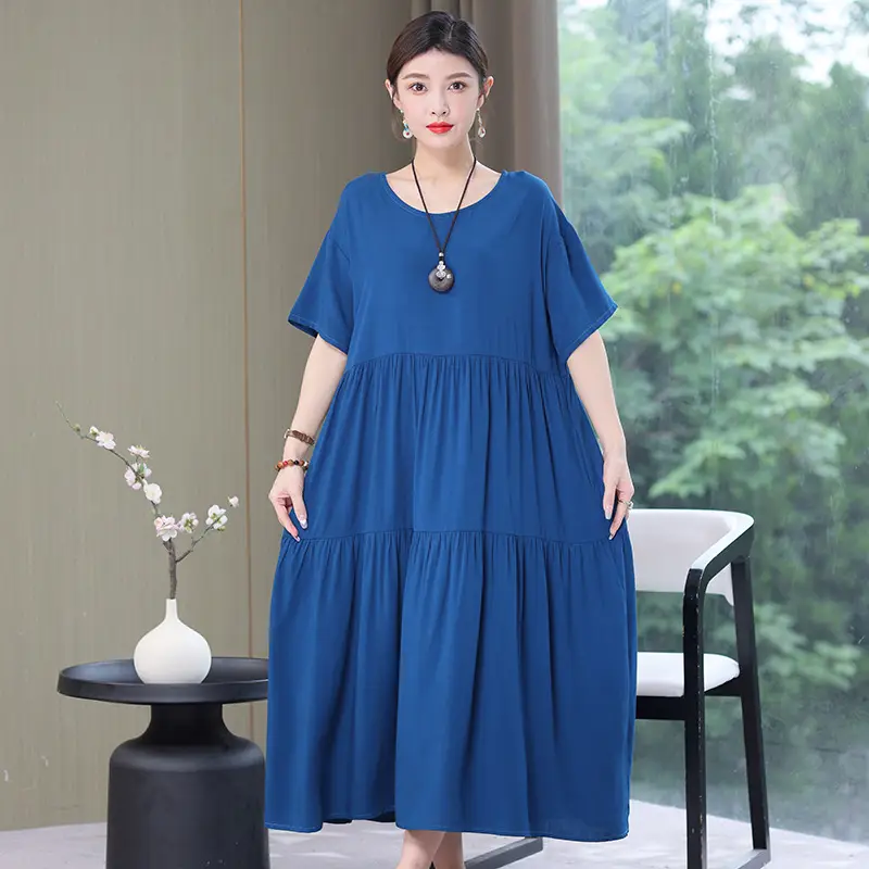 Women Mid-Length Cotton Silk Summer Dress Large Size - Image 25