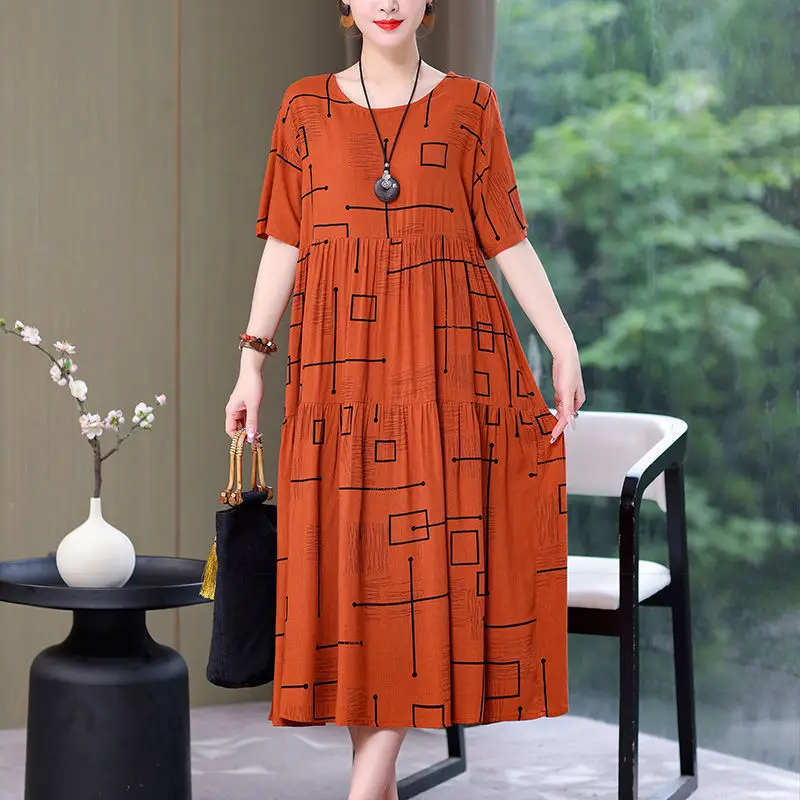 Women Mid-Length Cotton Silk Summer Dress Large Size - Image 5