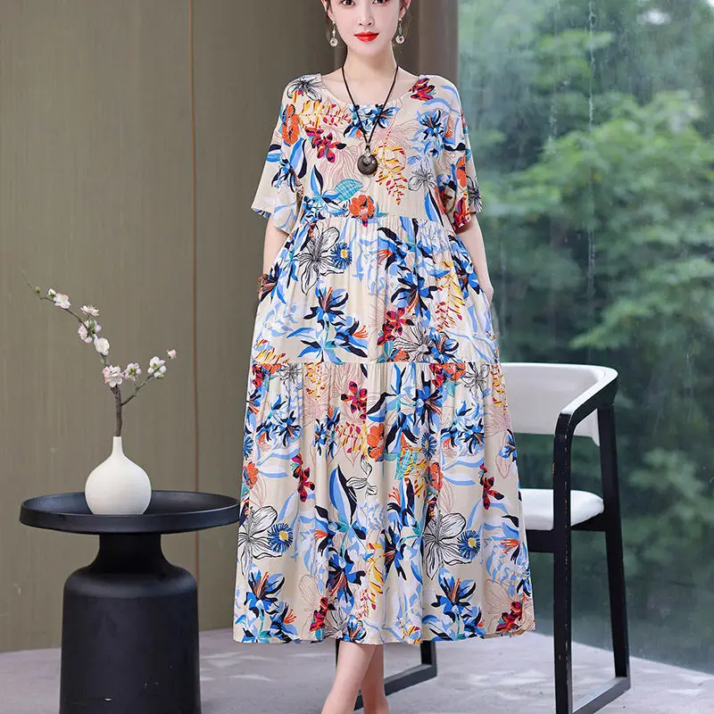 Women Mid-Length Cotton Silk Summer Dress Large Size - Image 6