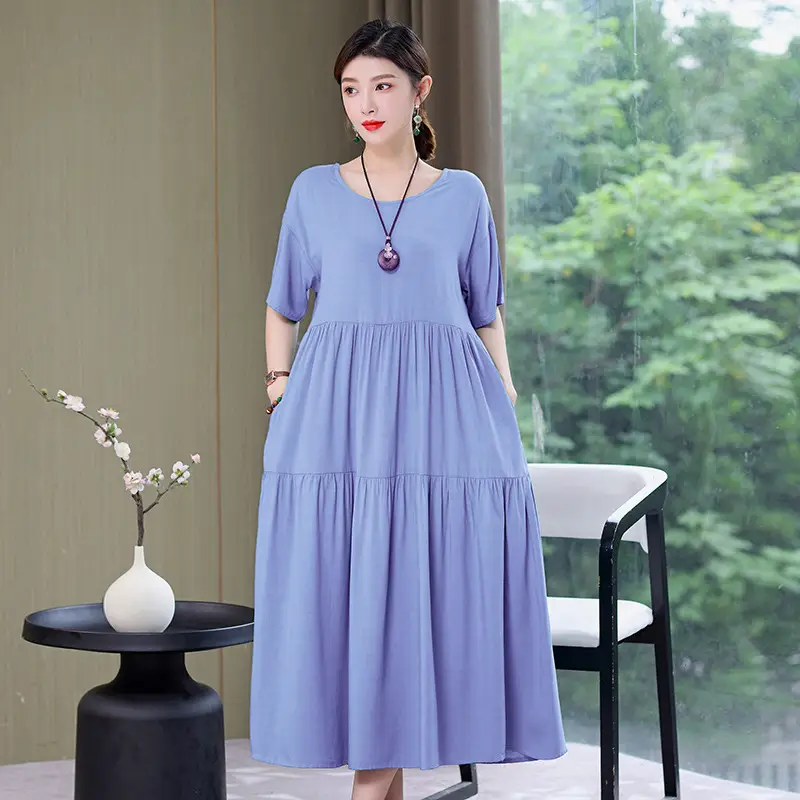 Women Mid-Length Cotton Silk Summer Dress Large Size - Image 7