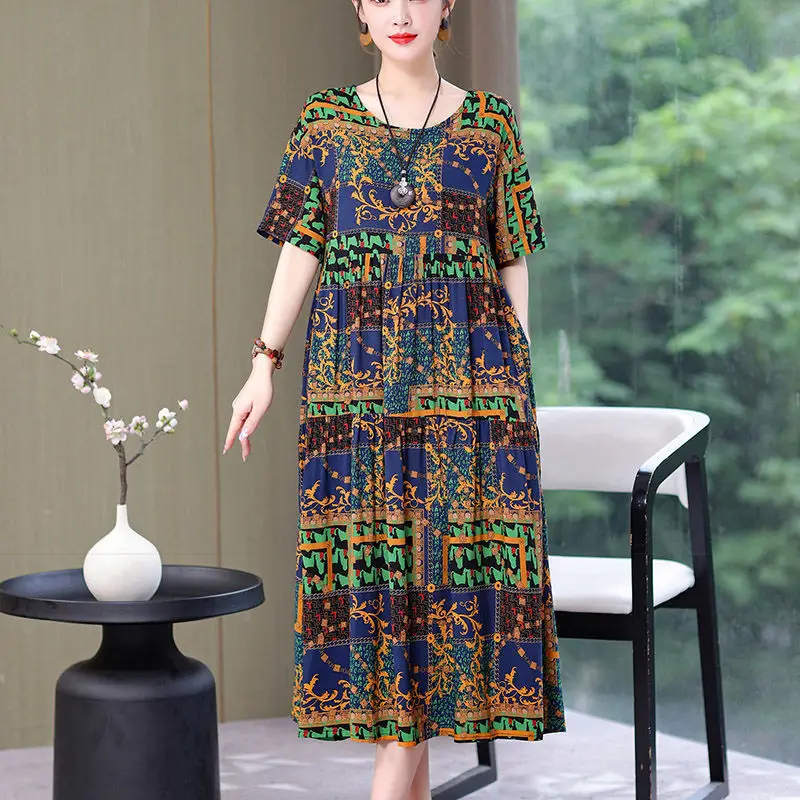 Women Mid-Length Cotton Silk Summer Dress Large Size - Image 8