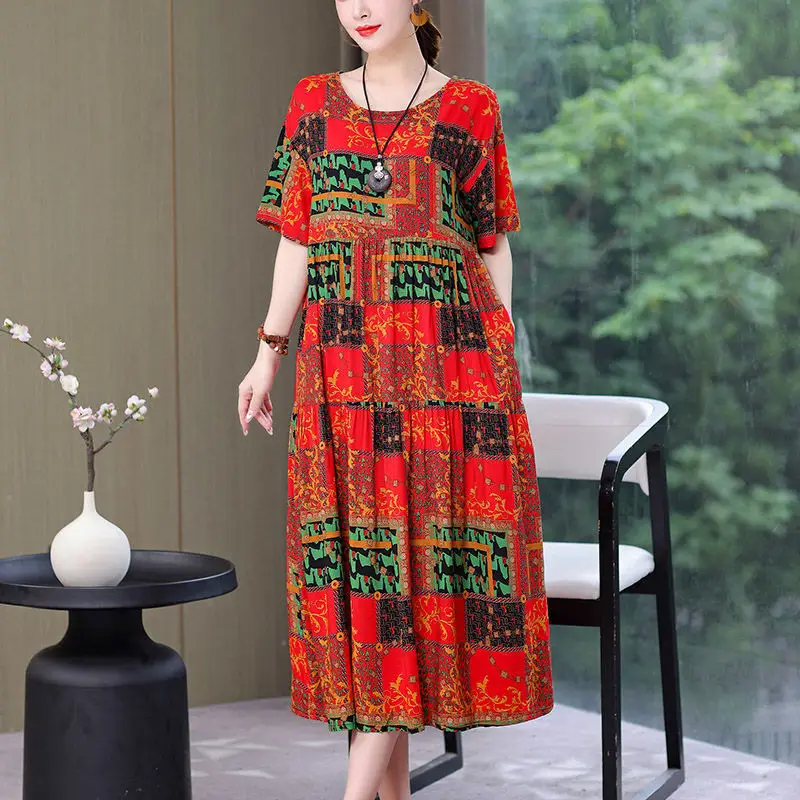 Women Mid-Length Cotton Silk Summer Dress Large Size - Image 9