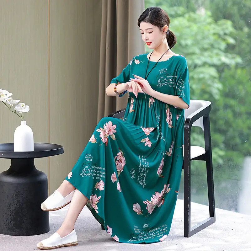 Women Floral Cotton Silk Dress Blue Large Size - Image 40