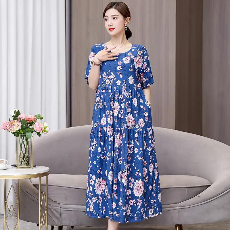 Women Floral Cotton Silk Dress Blue Large Size - Image 42