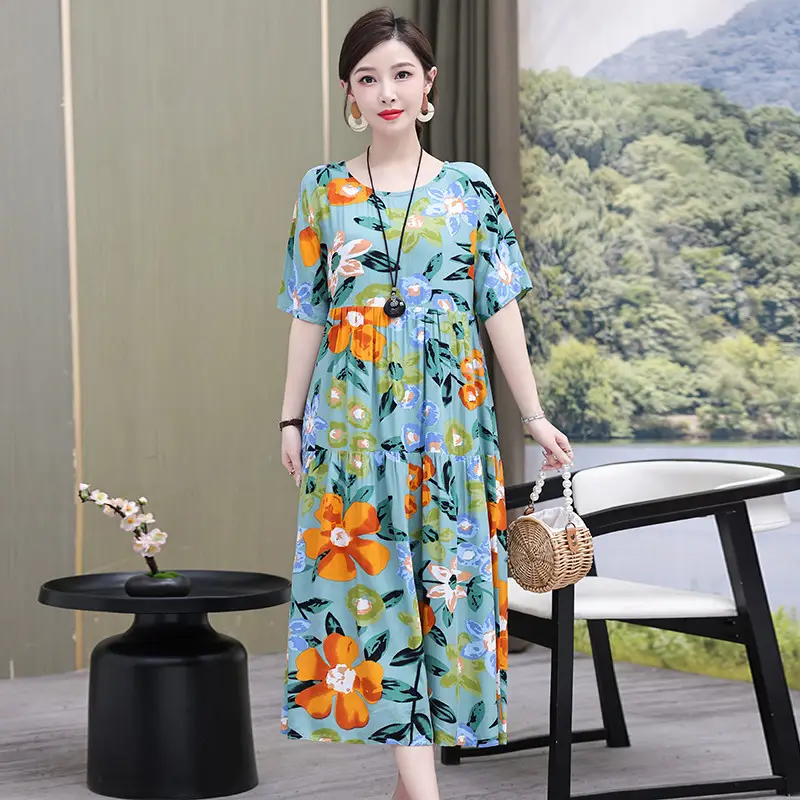 Women Floral Cotton Silk Dress Blue Large Size - Image 43