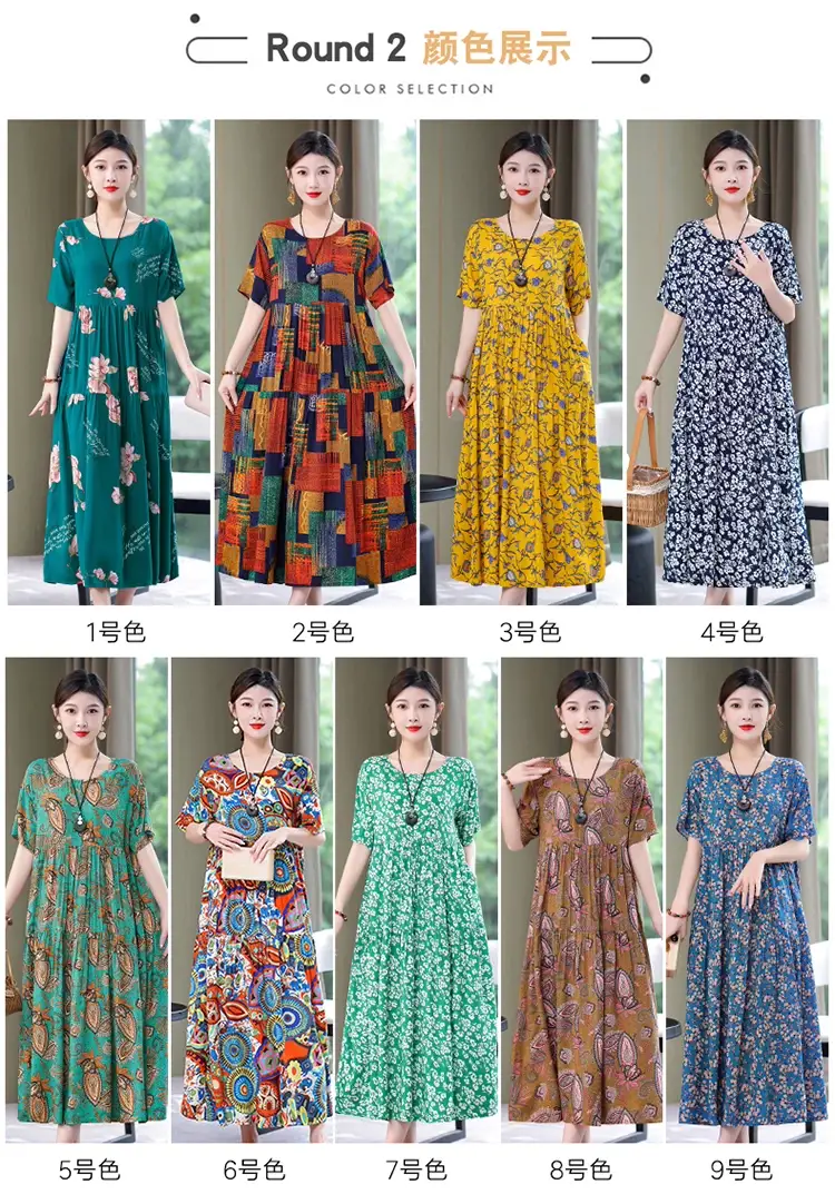 Women Floral Cotton Silk Dress Blue Large Size — feature 24