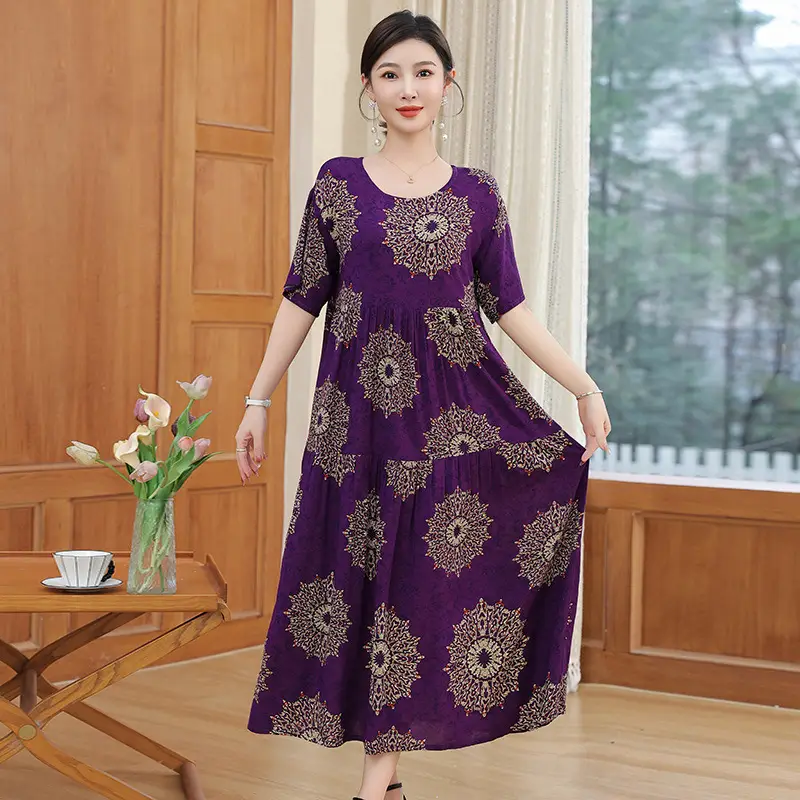 Women Floral Cotton Silk Dress Blue Large Size - Image 20