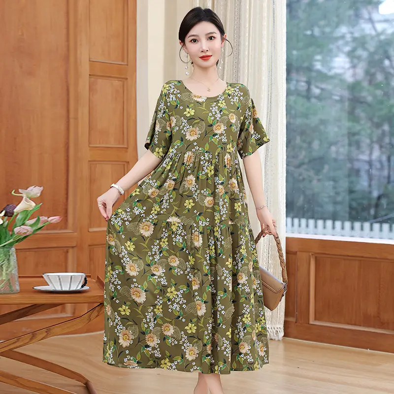 Women Floral Cotton Silk Dress Blue Large Size - Image 21