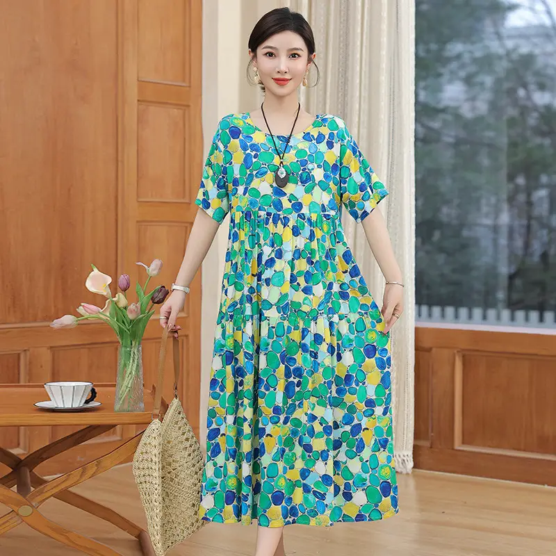 Women Floral Cotton Silk Dress Blue Large Size - Image 23