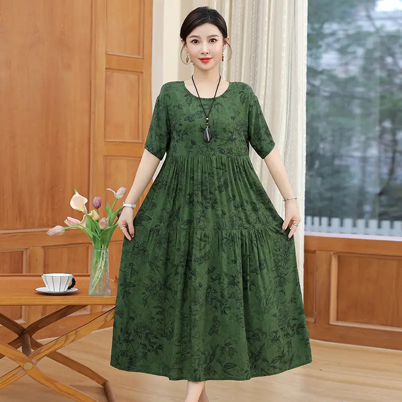 Women Floral Cotton Silk Dress Blue Large Size - Image 27