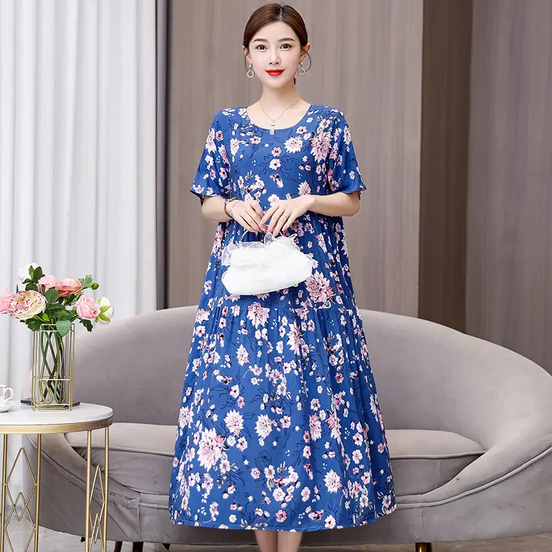 Women Floral Cotton Silk Dress Blue Large Size - Image 28