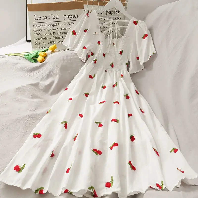 Women's Fruit Print A-Line Skirt Dress White - Image 5