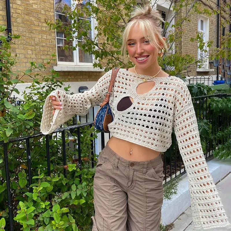 Knitted Women's Blouse with Hole Cut Out Design Brown - Image 9