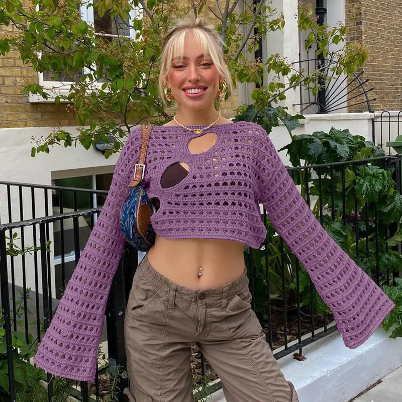 Knitted Women's Blouse with Hole Cut Out Design Brown - Image 10