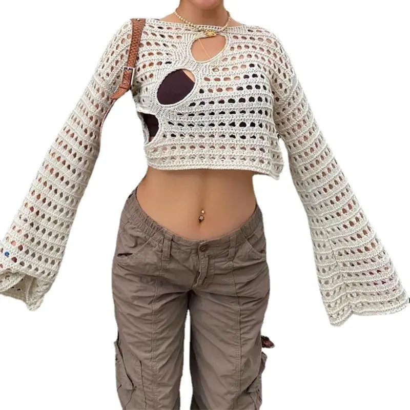 Knitted Women's Blouse with Hole Cut Out Design Brown - Image 12