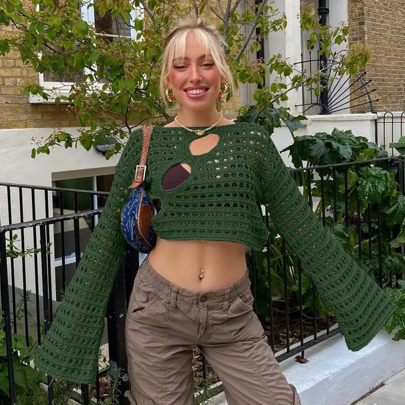 Knitted Women's Blouse with Hole Cut Out Design Brown - Image 5