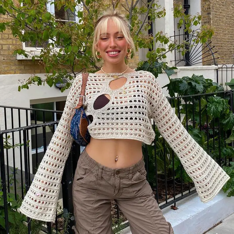 Knitted Women's Blouse with Hole Cut Out Design Brown - Image 7
