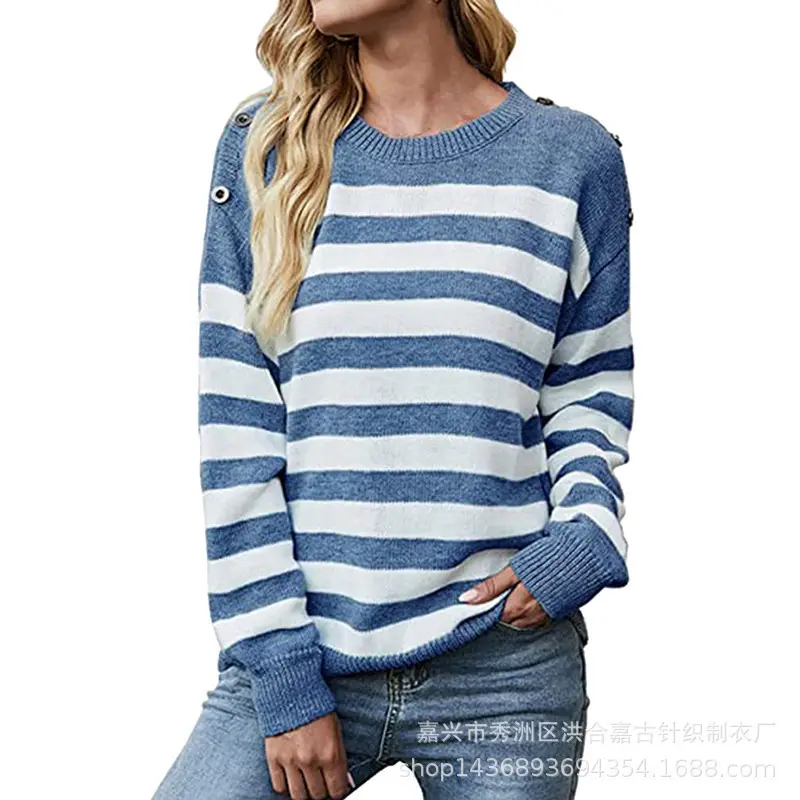 Women Blue Striped Long Sleeve Sweater Pullover