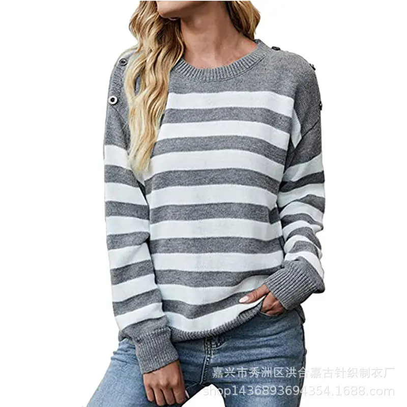 Women Blue Striped Long Sleeve Sweater Pullover