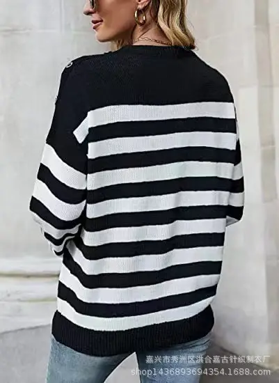 Women Blue Striped Long Sleeve Sweater Pullover