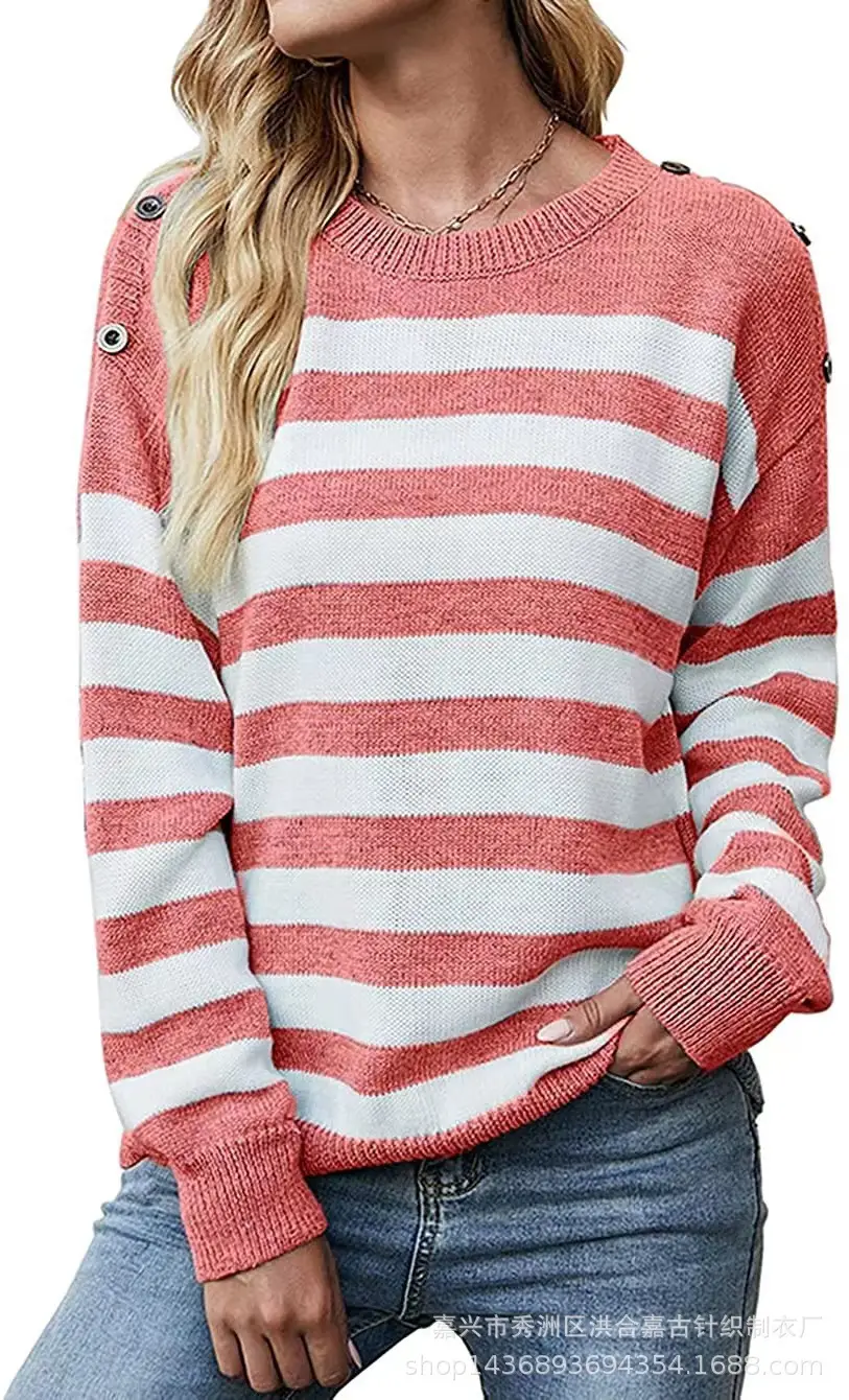 Women Blue Striped Long Sleeve Sweater Pullover