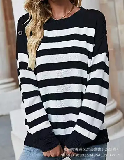 Women Blue Striped Long Sleeve Sweater Pullover — feature 14