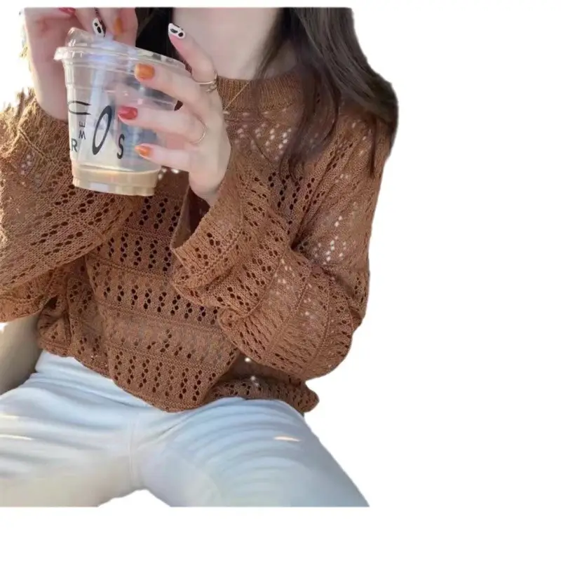 Women Hollow Knit Long Sleeve Top Summer Wear - Image 6