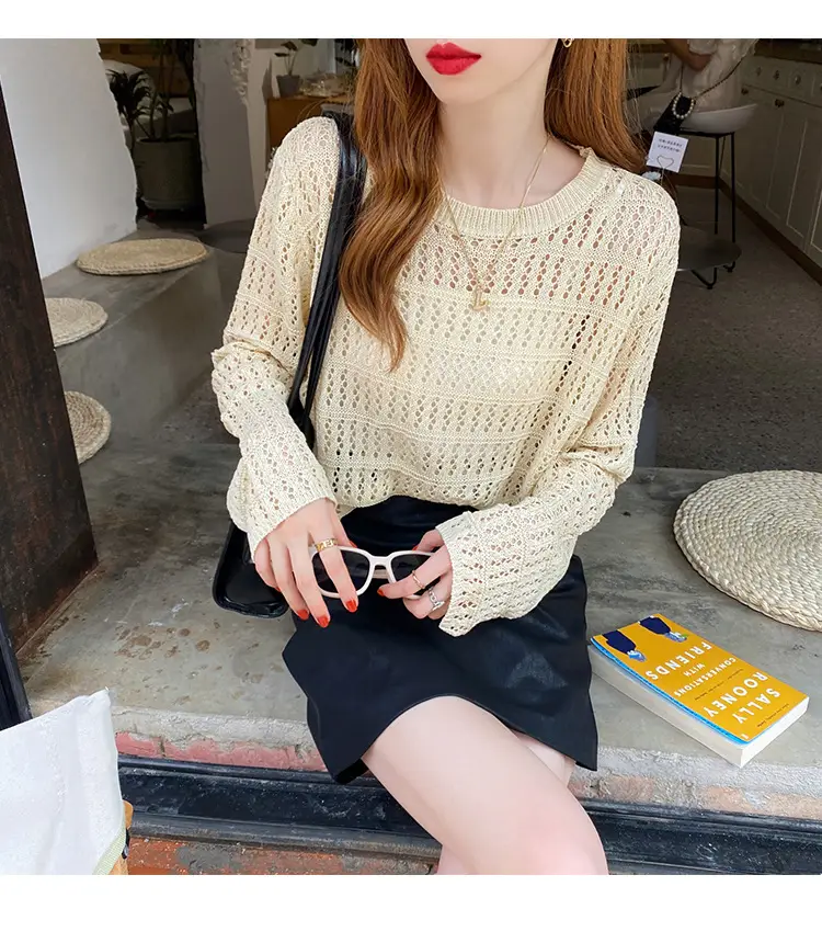 Women Hollow Knit Long Sleeve Top Summer Wear — feature 10