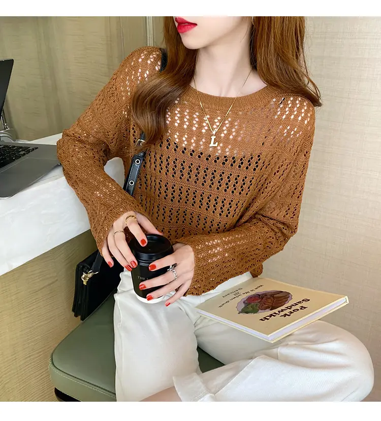 Women Hollow Knit Long Sleeve Top Summer Wear — feature 11