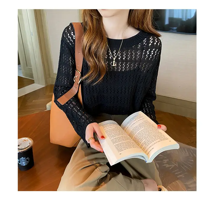 Women Hollow Knit Long Sleeve Top Summer Wear — feature 12
