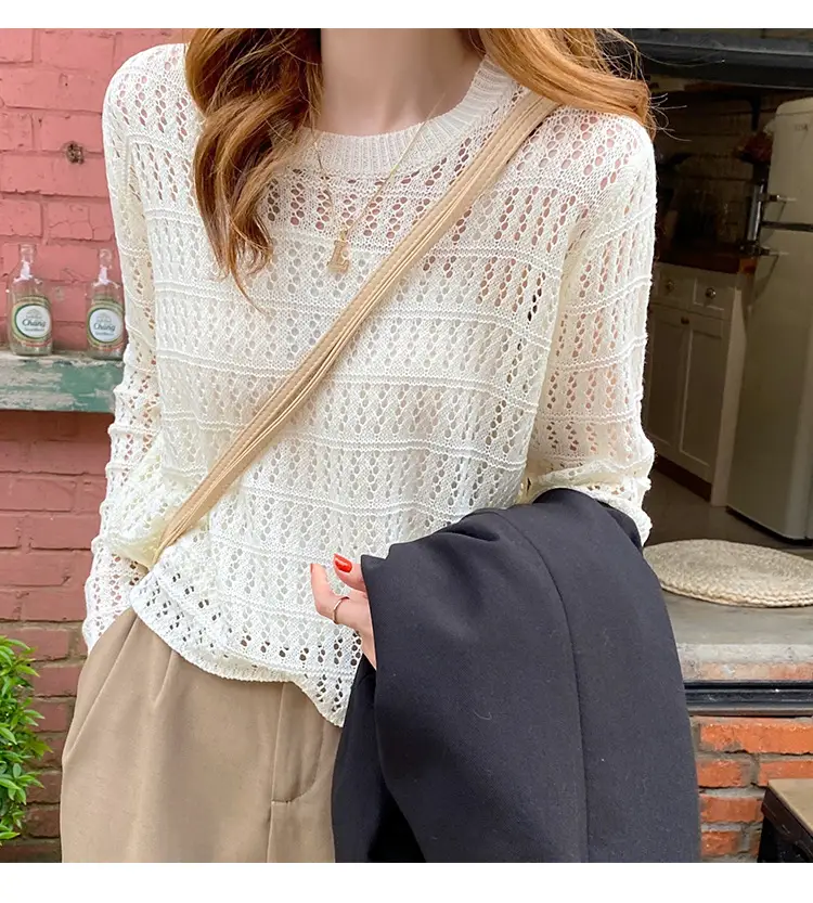 Women Hollow Knit Long Sleeve Top Summer Wear — feature 7