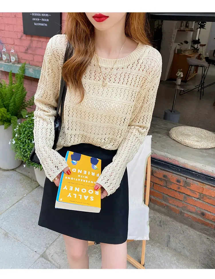 Women Hollow Knit Long Sleeve Top Summer Wear — feature 9
