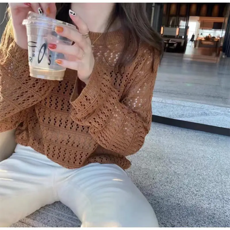 Women Hollow Knit Long Sleeve Top Summer Wear - Image 5